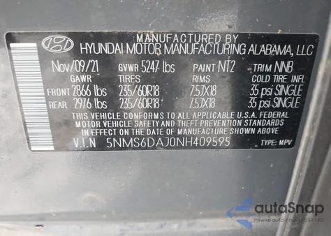 2022 Hyundai Santa Fe Sel из США, поврежденный, VIN 5NMS6DAJ0NH409595